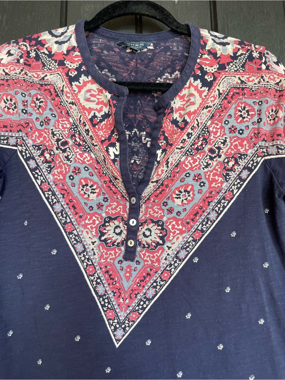 Lucky Brand Boho Floral Print Top Medium Navy Pink 3/4 Sleeve
